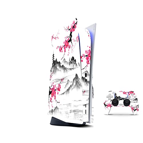 PS 5 Skin for Console and 2 Controllers by ZOOMHITSKINS, Same Decal Quality for Cars, Japan Anime Sakura Pink Vintage White, Durable, Bubble-Free, Compatible with PS 5 W/Disk, Precisely Cut