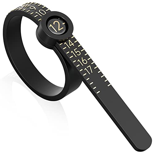 Ring Sizer 1-17 REIDEA Measuring Tool with Magnified Glass, Reusable Finger Size Gauge Jewelry Sizing Tool USA Rings Size (Black Sizer Gold Scale)