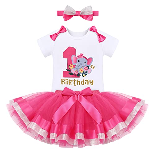 1st Birthday Outfits for Baby Girls Elephant Dress Up Princess Costume Romper+Rainbow Tulle Tutu Skirt+Flower Headband 3pcs Clothes Set First Fancy Party Cake Smash Photo Shoot Flowers Red 1Years
