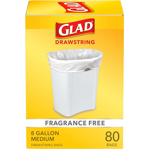 Glad Medium Drawstring Trash Bags, 8 Gallon, White, Fragrance Free, 80 Count, Pack May Vary