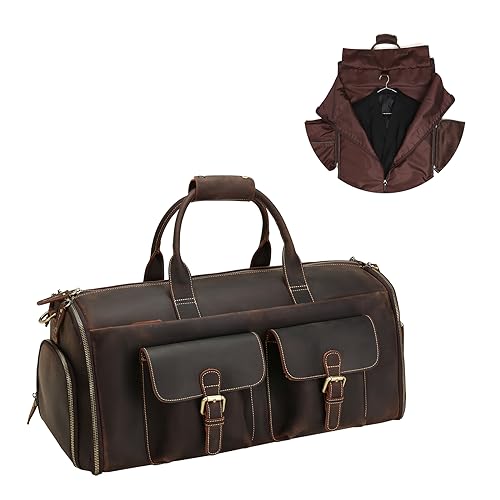 UPRESYE Leather Garment Bag,Convertible Carry on Garment Bags for Travel Vintage Garment Duffel Bag 2 in 1 Hanging Suitcase Suit Business Travel Bags Gifts for Men Women