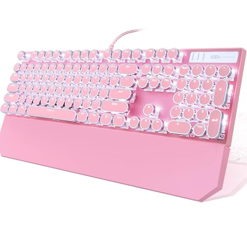 Camiysn Typewriter Style Mechanical Gaming Keyboard, Pink Retro Punk Gaming Keyboard with White Backlit, 104 Keys Blue Switch Wired Cute Keyboard, Round Keycaps for Windows/Mac/PC