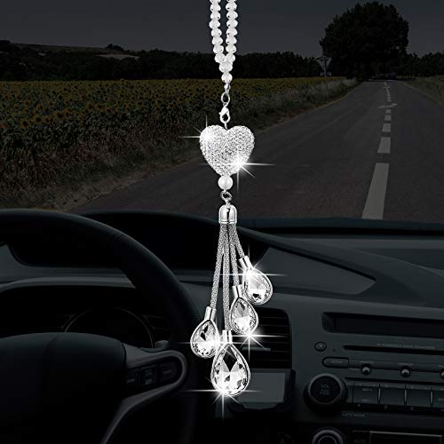 Frienda Bling Heart Diamond Car Accessories for Women, Crystal Car Rear View Mirror Charms Car Decoration Valentine's Day Gifts Lucky Hanging Interior Ornament Pendant(White, 9.8 Inch)