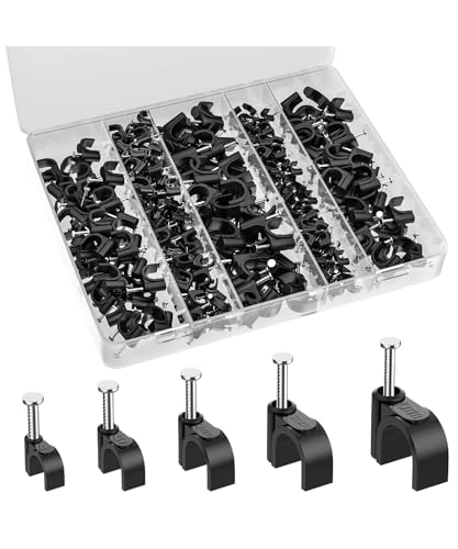 Bates- Cable Clips with Steel Nails, 360 pcs, Black, 4mm 5mm 6mm 8mm 10mm, Cord Clips for Wires on Wall, Cable Wall Clip, Wire Wall Clips, Cable Wire Clips, Coaxial Cable Clips, Cord Wall Clip
