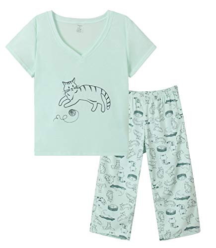 YIJIU Women Soft Comfy Pajamas Cute Cat Short Sleeve Capri Pants PJS Set, Greencat, X-Large