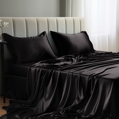 Candoury Satin Sheets Queen Bed Set 4 Pcs, Soft and Durable Pillowcase, Flat Sheet and Fitted Sheet, Hotel Luxury Silky Satin Sheets Set(Queen, Black)