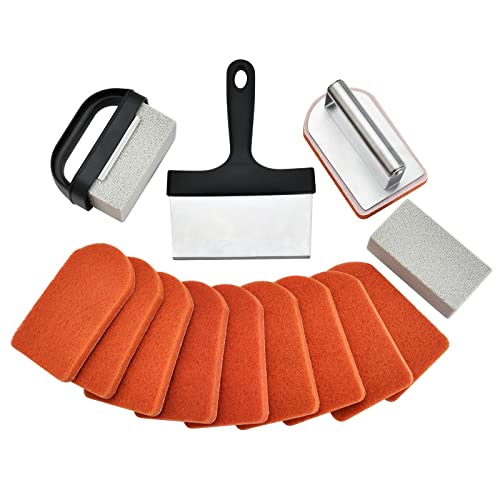 Griddle Cleaning Kit for Blackstone 15 Pieces - Heavy Duty Grill Cleaner Kit with Grill Stone, Griddle Scraper, & Griddle Brush with Stainless Steel Handle - Easy to Use Flat Top Cleaning Kit