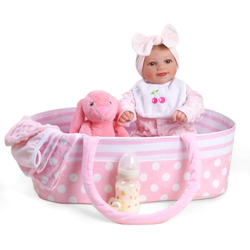 BABESIDE Lifelike Reborn Baby Dolls Girl with Bassinet, 17-Inch Sweet Smile Realistic-Newborn Baby Soft Body Poseable Real Life Baby Dolls with Toy Accessories Gift Set for Kids Age 3+ & Collection