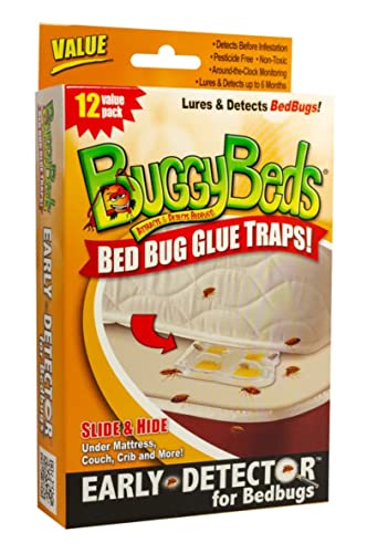 BuggyBeds Bed Bug Glue Traps, Around-The-Clock Monitoring, Lures & Detects Bed Bugs, Ants & Other Bugs Upto 6 Months, Non-Toxic (Value 12 Pack)