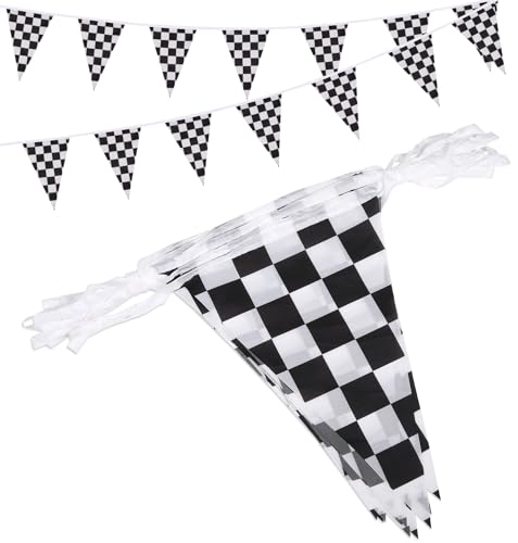 Reusable Party Decoration Pennant Banner, 21pcs Black & White Checkered Flags Stitched On a 30 Foot White String (Black & White Checkered)