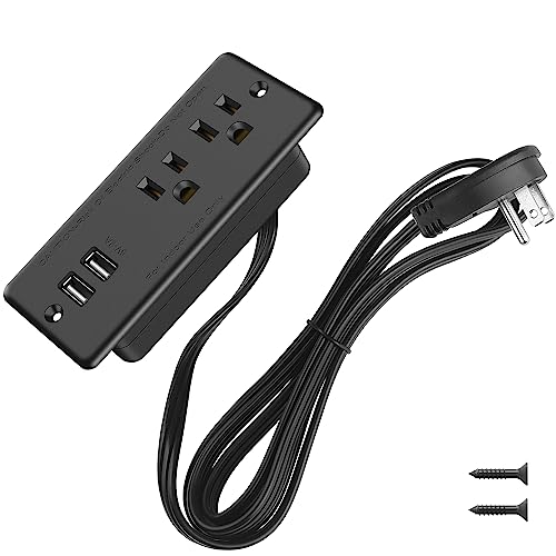 Recessed Power Strip Flat Plug, Desk Outlet with USB, ETL Listed Conference Outlet Socket with 2 AC Plugs, 2 USB Ports Connect with 6ft Power Cord for Furniture, Home, Office(Black)