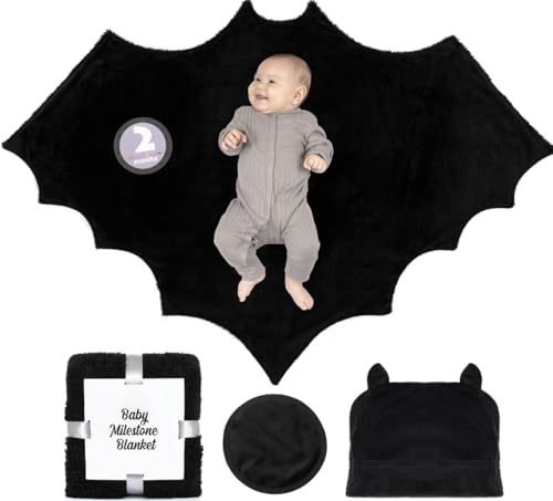 Baby Bat Swaddle Blanket Gift Set with 12 Baby Monthly Stickers, Circle Prop and Plush Baby Bat Hat, 46x36 inch Halloween Baby Blanket is the Perfect Goth Baby Stuff for Gothic Baby Nursery