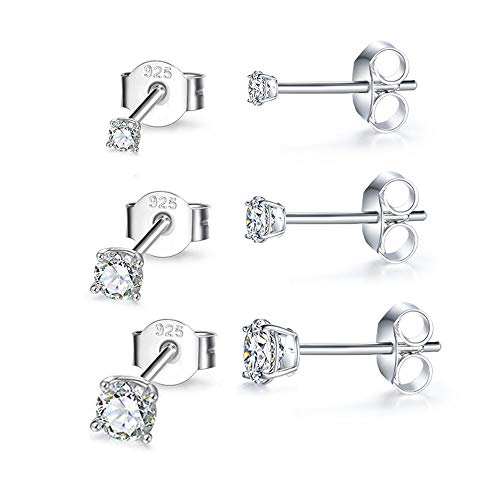 Hypoallergenic Sterling Silver Cubic Zirconia CZ Stud Earrings Set for Womens Mens Girls, 3 Pairs Small Round Simulated Diamond Studs for Cartilage Tragus Multi Piercing Ears 2mm / 3mm / 4mm