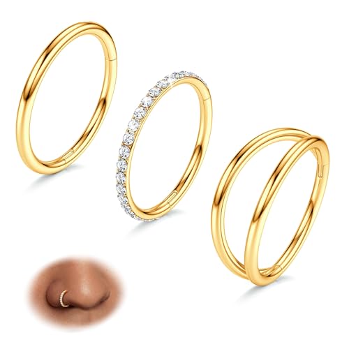 BodyBonita 18G Gold Nose Rings Hoops - 3pcs Surgical Steel Double Hoop Nose Rings Hinged CZ Conch Piercing Jewelry Septum Clicker Lip Rings Cartilage Earring Helix Rook 8mm