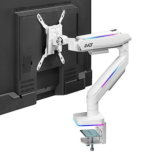 AVLT RGB Lights Single 17”-43” Gaming Monitor Arm Desk Mount, Fits One Flat/Curved/Ultrawide Screen up to 44lbs(20kg), Height Swivel Tilt Adjustable Stand - White