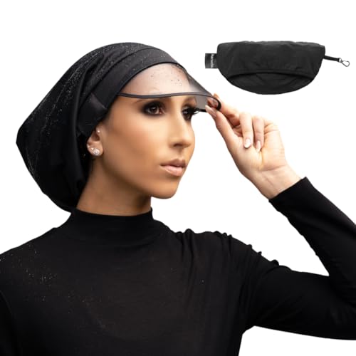 Hairbrella 100% Waterproof Rain Hat, Satin-Lined Cap, UV Sun Protection, Full Hair Coverage, Packable Travel Accessory Black