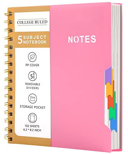 CAGIE 5 Subject Notebook College Ruled 6'' x 8'' Hardcover Spiral Lined Notebook with 5 Removable Colored Dividers 204 Pages Notebooks for Work, School Supplies, Home & Office, Writing Journal