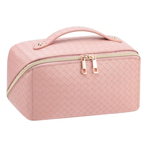 VERNASSA Large Capacity Travel Cosmetic Bag, Toiletry Bag, Women Portable Makeup Bag Opens Flat for Easy Access, PU Leather Waterproof Travel Cosmetic Bag with Handle and Divider