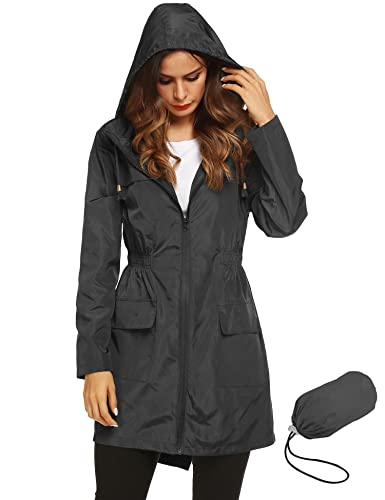 LOMON Women Waterproof Lightweight Rain Jacket Active Outdoor Hooded Raincoat (XL, Black1)