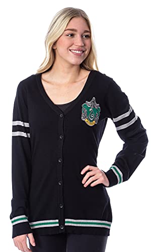 Harry Potter Womens' Slytherin House Crest Open Front Cardigan Juniors Knit Sweater (Large)