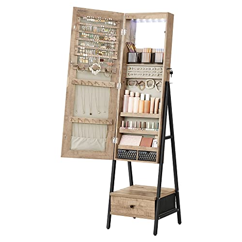 SONGMICS LED Mirror Jewelry Cabinet Standing, Lockable Jewelry Armoire with Full-Length Mirror, Space-Saving Jewelry Organizer with Mirror, Drawer and Shelf, Toasted Oak Color UJJC025N01
