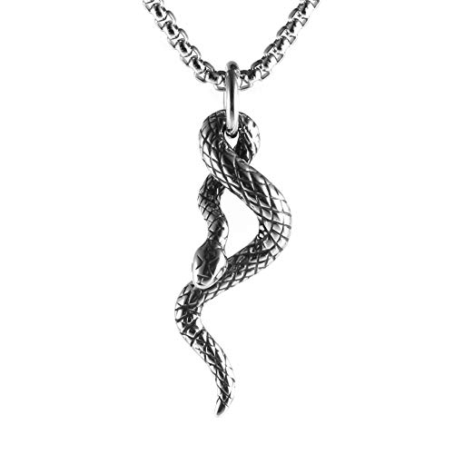 HZMAN Gothic Jewelry Men's Stainless Steel Animal Snake Pendant Chain Necklace (Silver)