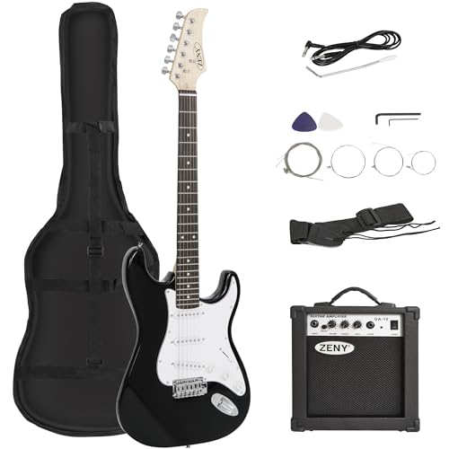 ZENY 39in Full Size Electric Guitar with 10W Amp, Case and Accessories Pack Beginner Starter Package, Black