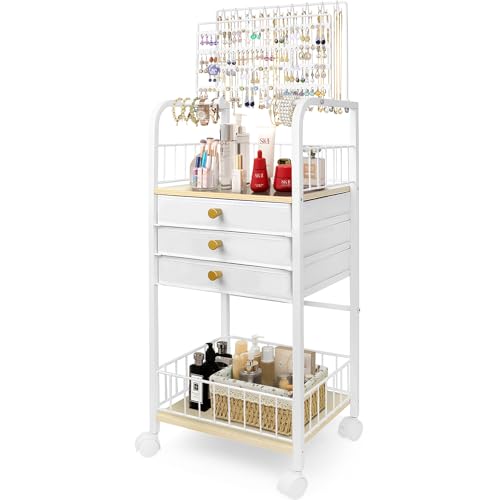 YEPOTUE Large Jewelry Holder Organizer, Jewelry Display Stand with 3 Jewelry Box Drawers, Earring Storage Organizer Necklace Rack Jewelry Towers for Necklace Earring Bracelet Ring Watch (White)