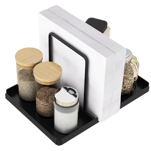 Napkin Holder for Table, Metal Napkin Holder with Salt and Pepper Shakers Caddy, Standing Paper Napkin Storage for Kitchen Dining Table Decor, Black