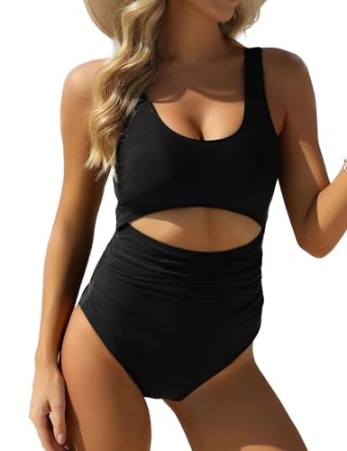 VIMPUNEC Women Tummy Control One Piece Swimsuit High Waisted Bathing Suit Cut Out Swimwear Black M