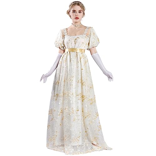 NSPSTT Golden Regency Dresses for Women 1800s Vintage Dress Victorian Ball Gown with Gloves