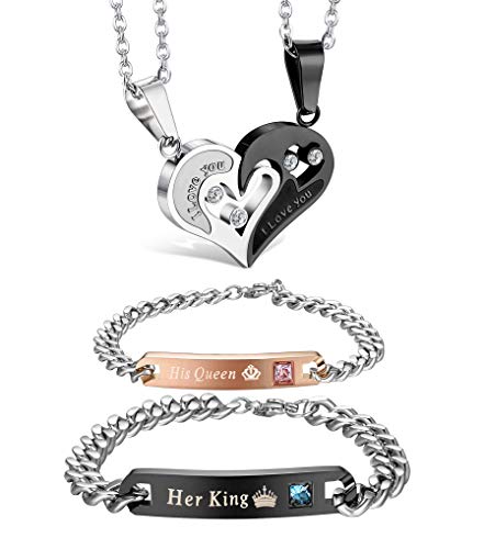 Jstyle 4Pcs Couple Necklace Bracelets Matching Set for Women Men Heart Pendant Necklace His & Hers Bracelets Couple Gift