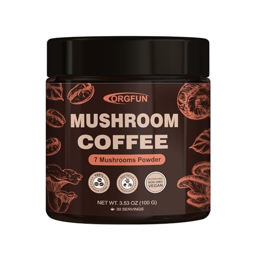 ORGFUN Premium Mushroom Coffee (50 Servings) with 7 Superfood Mushrooms, Great Tasting Arabica Instant Coffee, Includes Chaga, Lion's Mane, Reishi, Cordyceps, Maitake, and Turkey Tail, Shiitake 3.53 Oz