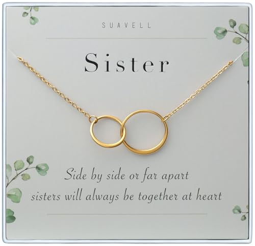 Suavell Sister Necklace - Sterling Silver Interlocking Double Circle Necklace - Birthday Gift for My Big or Little Sister - Sister Gifts for 2 - Maid of Honor Gifts From the Bride - 18k Gold Plating
