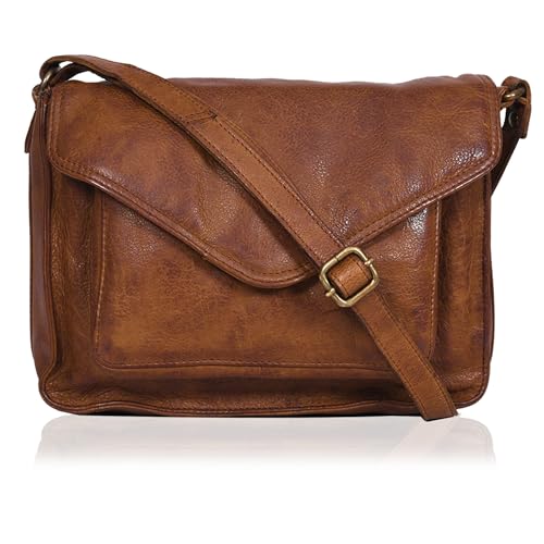 Ozora Handmade Leather Flapover Crossbody Purse for Women with Adjustable Strap & Overflap Snap Closure Tote/Bag (Tan Wash)