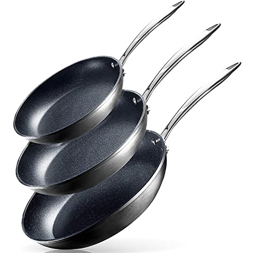 Granitestone Pro 3 Pc Non Stick Frying Pans Set for Cooking, 8+10+12 Inch Frying Pans Nonstick Skillet, Pans Set Nonstick, Non Stick Pans for Cooking, Hard Anodized Nonstick Pan, Dishwasher Safe Black