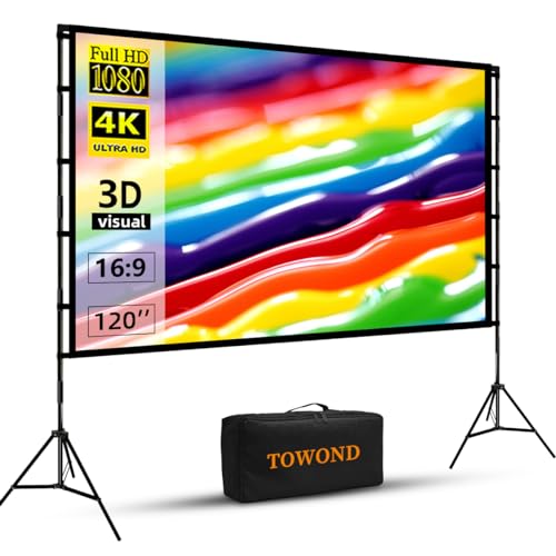 Projector Screen and Stand, Towond 120 inch Portable Projector Screen Indoor Outdoor Projector Screen 16:9 4K HD Wrinkle-Free Lightweight Movie Screen with Carry Bag for Backyard Movie Night