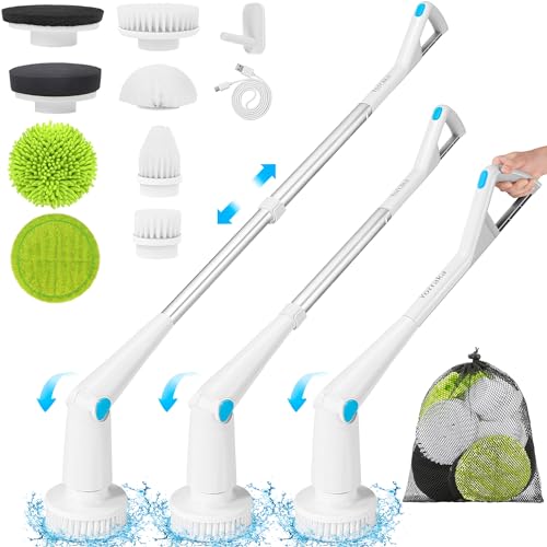 Yorraka Electric Spin Scrubber Cordless, Power Electric Scrubber for Cleaning Bathroom with Long Handle, Electric Shower Scrubber, Adjustable Cleaning Brush with 8 Brush Heads for Tub Tile Floor Car