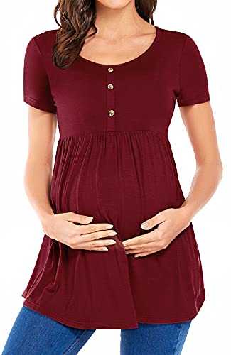 POSHGLAM Women's Maternity Top Shirts Round Neck Ruched Pregnancy Clothes with Button Accent (Short Sleeve Burgundy, L)