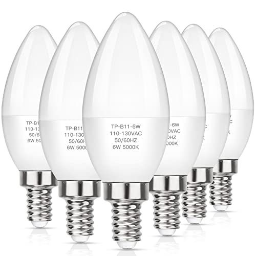 MAXvolador E12 LED Candelabra Light Bulbs 60W Equivalent, Daylight White 5000K 600 Lumen Chandelier Bulb, 6W B11 Candle Base, Non-Dimmable, Pack of 6
