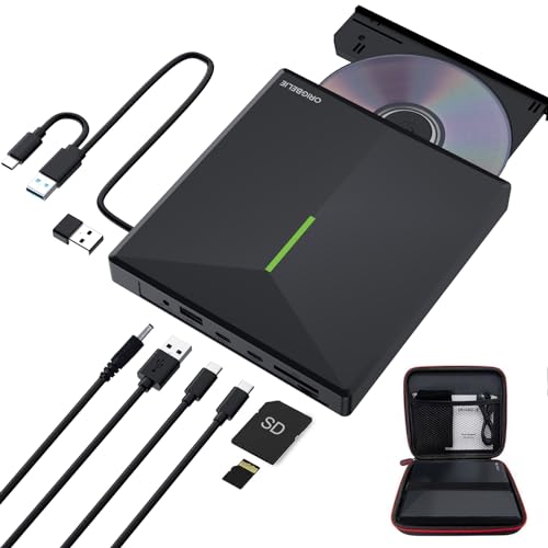 ORIGBELIE External CD DVD Drive with 4 USB Ports and 2 TF/SD Card Slots, USB 3.0 Portable CD/DVD Disk Drive Player Burner Reader Writer for Laptop Mac PC Windows 11/10/8/7 Linux OS with Carrying Case