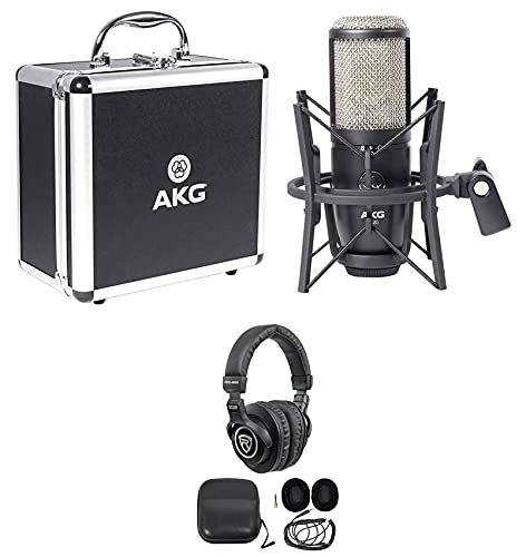 AKG P420 Studio Condenser Recording Podcasting Microphone Dual Capsule Mic Bundle with Rockville PRO-M50 Studio Headphones w/Detachable Coil Cable, Case with Extra Ear Pad