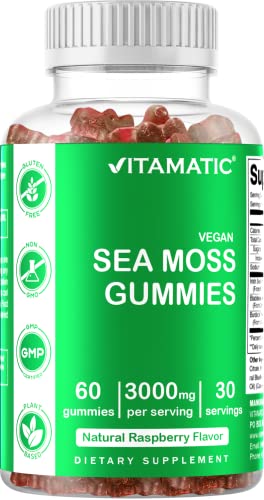 Vitamatic Irish Sea Moss Gummies - 3000 mg - 60 Vegan Gummies - Made with Bladderwrack & Burdock Root - Seamoss Supplement for Thyroid, Energy, Immune Support (60 Gummies (Pack of 1))