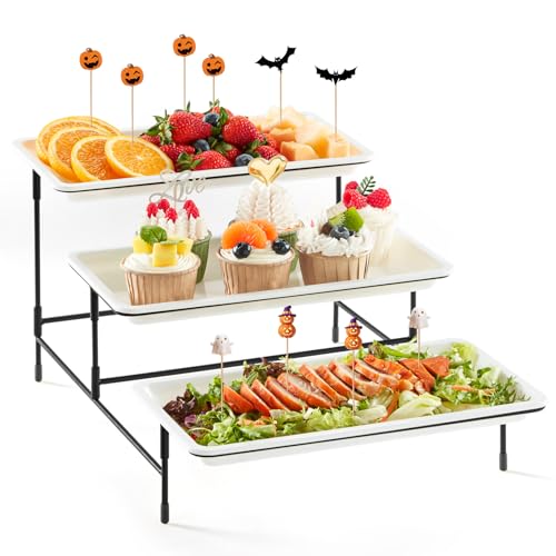 Lifewit 3 Tier Plastic Serving Tray for Party Supplies, 12' x 6.5' Platters for Serving Food, White Reusable Trays with Black Mental Display Stand for Veggie, Fruit, Cookies, Dessert