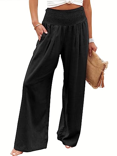 ANRABESS Women Linen Palazzo Pants Summer Wide Leg High Waist Boho Casual Lounge Pant 2024 Spring Travel Vacation Trousers with Pockets Black 1091Heise-L