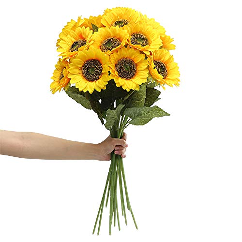 Laelfe Artificial Sunflower Flowers Long Stem Silk Fake Large Sunflowers Decoration for Outdoor Indoor Home Wedding Birthday Party Single Bulk Yellow Summer Decor 6PCS (Dark Center)