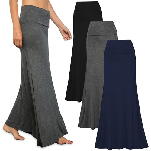 Free to Live 3 Pack Long Skirts for Women Fall Winter Flowy Maxi Skirt High Waist Fold Over (Medium, Black, Charcoal, Navy)