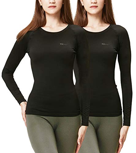 DEVOPS Women's 2 Pack Thermal Long Sleeve Shirts Compression Baselayer Tops (Small, Black/Black)