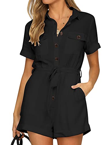 GRAPENT Women's Black Summer Button Down 100% Cotton Rompers Casual Short Sleeve Pockets Belted Short Jumpsuits Playsuits for Women Size Medium Size 8 Size 10