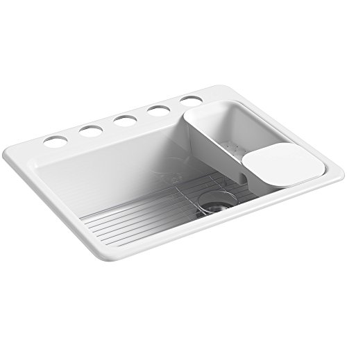 KOHLER K-8668-5UA2-0 Riverby 27 In. x 22 In. x 9-5/8 In. Undermount Single-Bowl Kitchen Sink with 5 Oversized Faucet Holes, White, 27' x 22' x 9-5/8'